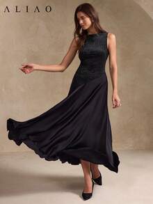 Aliao 春夏高端拼接A字无袖长裙，复古宫廷风，适合婚礼、派对、约会、度假等场合，吸睛百搭，日常穿着亦可，黑白两色可选 - 黑色 - 查看 5