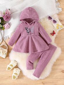2 件套女婴甜美温柔蝴蝶印花字母针织连帽衫和裤子套装 - 紫丁香色 - 查看 1