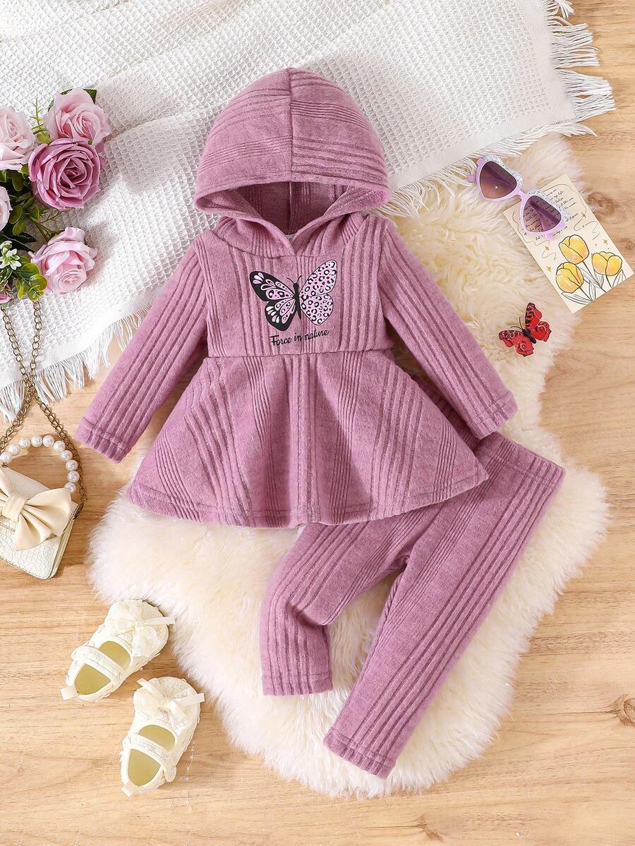 2 件套女婴甜美温柔蝴蝶印花字母针织连帽衫和裤子套装 - 紫丁香色 - 查看 1