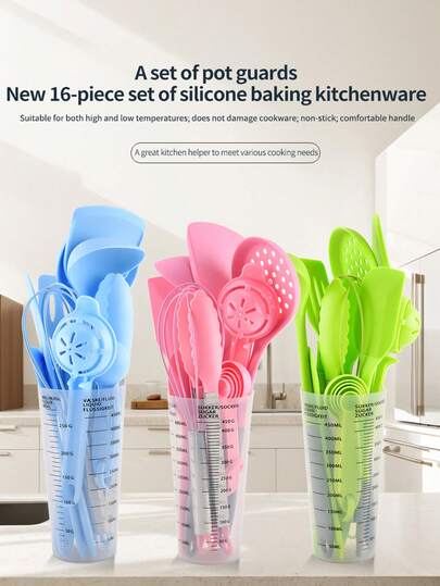 16-Piece Silicone Baking Kitchenware Set, Non-Stick Silicone Cookware Home Set, Kitchen Cooking, Baking Measuring Cups And Spoons, Spatulas, Including A Flat Spatula, Slotted Spoon, Soup Spoon, Large Scraper, Slotted Spatula, Egg Beater, Food Tongs, Oil Brush, Small Scraper, Measuring Cups And Spoons, Egg Strainer.