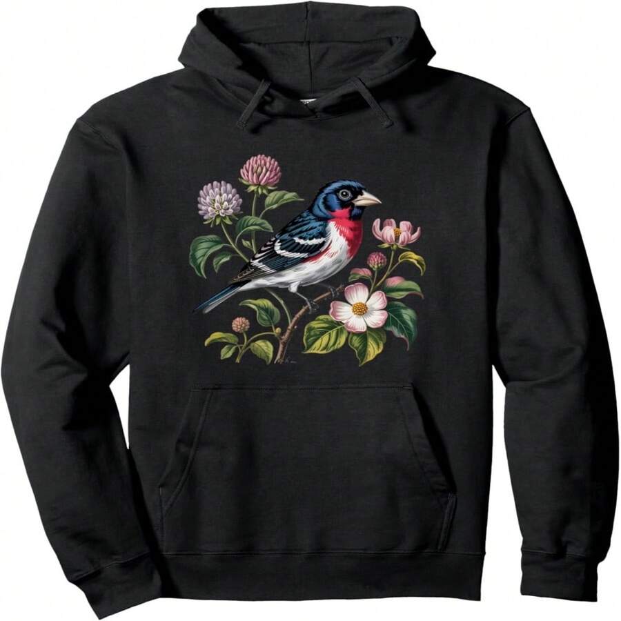 Rose-Breasted Grosbeak With Clover And Dogwood Blooms Pullover Hoodie - Black 27 - View 1