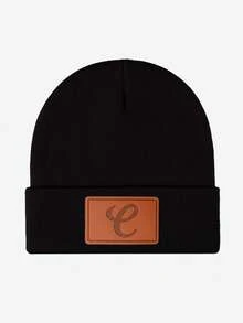 1pc Men's PU Leather 26 Letter Warm Knit Beanie, Soft & Comfortable Unisex Slouchy Beanie, Suitable For Autumn/Winter Outdoor Wear, Fashion Accessory, Great Gift