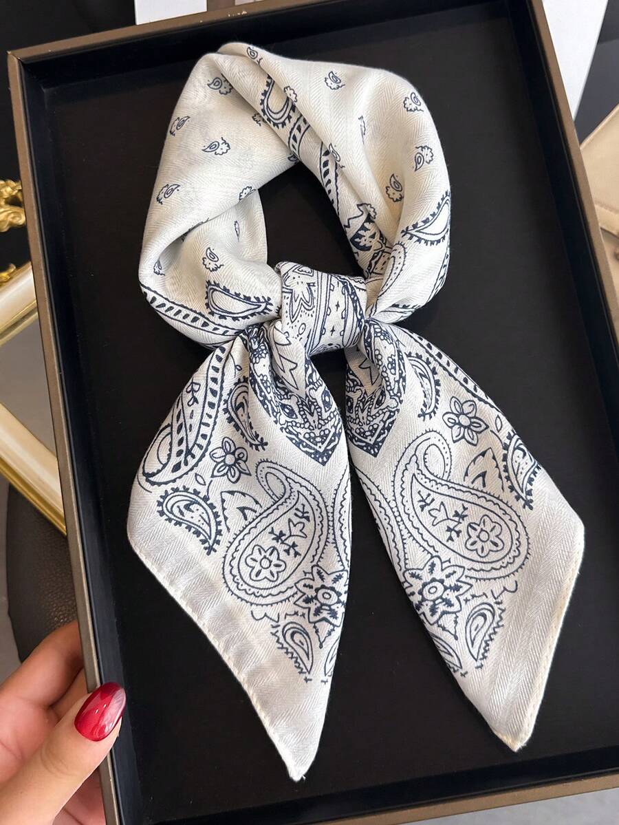 1 Pc Casual Fashion Paisley Print Small Square Scarf Herringbone Pattern Linen Imitation Velvet Headscarf Shawl Sunscreen Kerchief For Women Bandana For Daily Use Outdoor.