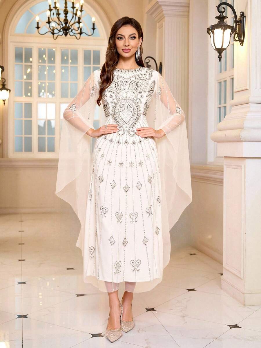 JINLICX Legant Vintage Pearl Embroidered Dress Gown For Wedding Party - White - View 1