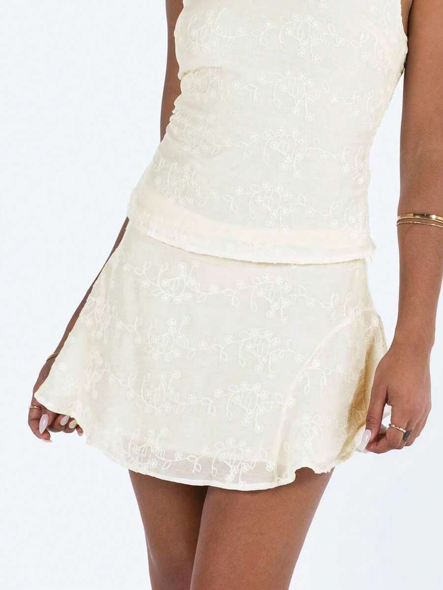 Women Lace Y2k Floral Lace Solid Color Mini Skirt Pleated Ruffle A Line Skirt Summer Low Rise Short Skirt - Beige - View 1