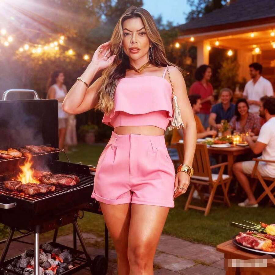 Solid Women's Tailored Set, Cropped Top And Shorts - Baby Pink - View 1