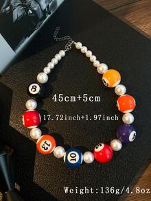 1pc New Colorful Billiard Table Necklace, Unique Dopamine Color Pearl Adjustable Choker Necklace
