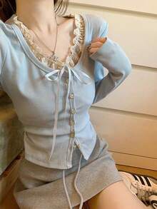 Spring Korean Style Pure Lace Color Blocking Button Slim Fit 2 In 1 Long Sleeve Base Layer T-Shirt Top - Blue - View 4