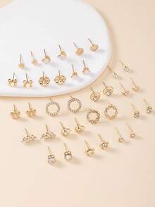 30 对优雅简约金属仿珍珠小花水钻心形蝴蝶结耳钉套装，奢华女士礼物 - 金黃色 - 查看 2