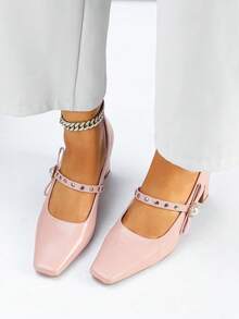 1 Par de Sapatos de Salto Grosso Quadrado de Couro Envernizado Versátil e de Alta Qualidade com Fivela de Pérola, Adequado para Várias Festas e Roupas de Trabalho, Primavera/Outono