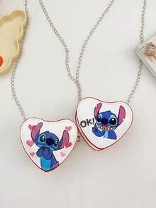 Stitch Individual Print Heart Shaped Pouch, Multiple Adorable Cartoon Designs Available, High-Quality PU Material, Lightweight Zipper Closure, Metal Chain Strap, Anime Fan Collectible Peripheral, Adds Vibrancy & Romance To Daily Outfits, .