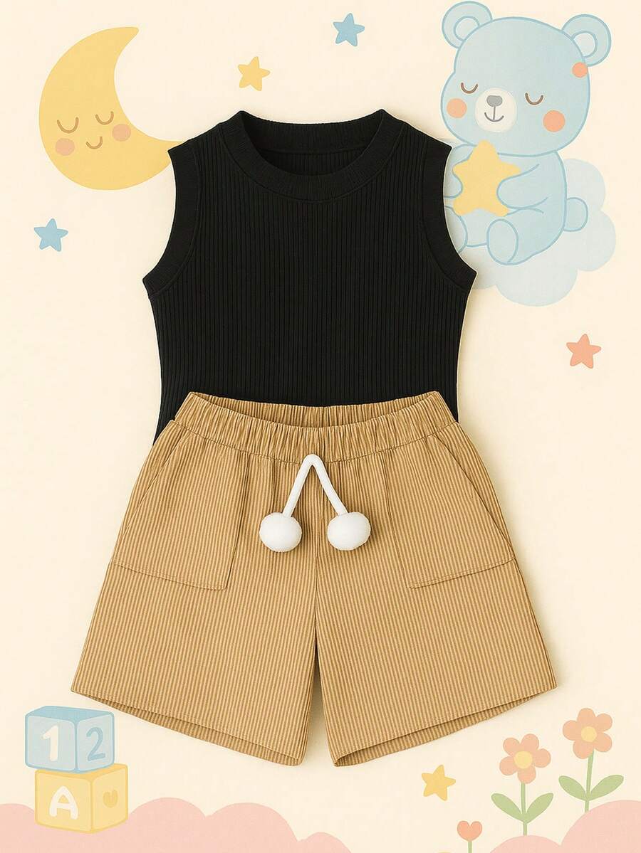 Children's And Youth Set Basic Tank Top + Ribbed Shorts With Pompom Super Stylish 2-Piece Kit For Girls And Teenagers Spring Summer CJI039 - Desnudo y negro - Ver 1
