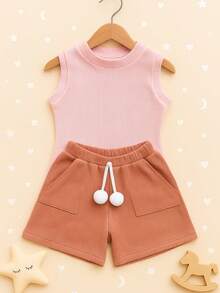 Children's And Youth Set Basic Tank Top + Ribbed Shorts With Pompom Super Stylish 2-Piece Kit For Girls And Teenagers Spring Summer CJI039 - Rosé and Baby Pink - View 1