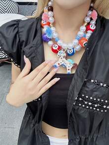 1pc New Colorful Billiard Table Necklace, Unique Dopamine Color Pearl Adjustable Choker Necklace