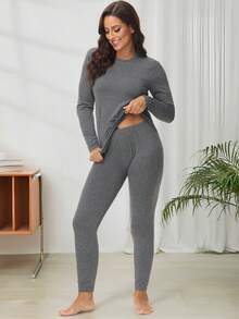 Set da donna casual, composto da top a maniche lunghe con collo rotondo in colore unito e leggings, 2 pezzi, taglie forti, adatto per autunno/inverno - Grigio - Visualizzare 11