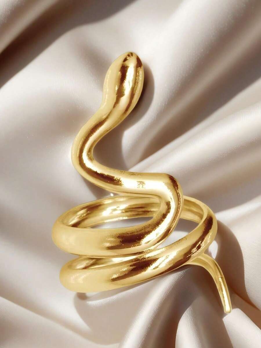 1pc Snake-Shaped Open Ring, Fashionable Stainless Steel Ring, European And American New - Yellow Gold - View 1