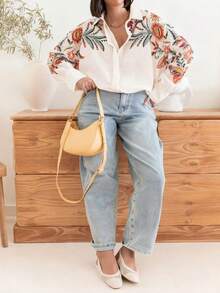 Koszula damska w dużym rozmiarze, luźna, z długim rękawem, w stylu vintage, z kwiatowym nadrukiem, wygodna, na co dzień, wiosna/lato/jesień