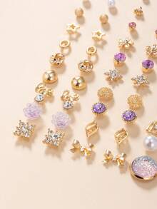 30 对银色金属水钻珍珠心形、叶子、花朵、字母耳钉套装，适合女士 - 彩色 - 查看 6