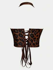 Apperloth A Y2K风格露背吊带短款上衣，豹纹性感V领PU皮革开衩金属孔眼系带露背上衣，适合派对、夜店、万圣节等场合，音乐节、乡村音乐会等休闲夏季穿着。 - 豹紋 - 查看 5