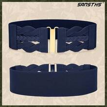 Vintage Stretchy Wide Elastic Belt With Gold Buckle For Women - Navy Blue - View 6