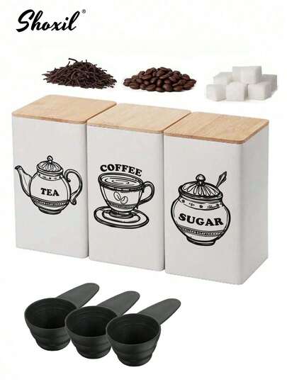 shoxil 3 st. matförseglade behållare i vintagestil med trälock och tätningslister, läckagesäkra återanvändbara matförvaringsbehållare, inkluderar svart mätsked, kaffebönskopa, tesked, sockersked, lämplig för kakor, godis och socker, köksorganisation, kökstillbehör