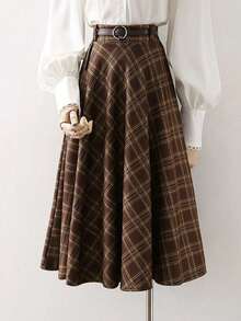 EARO Plus Size Brown Plaid Skirt, Fashionable, Minimalist, Elegant, Versatile, Loose And Slimming