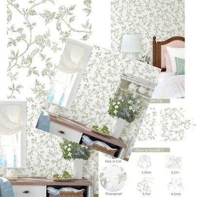 Orainege Vintage Floral Wallpaper Peel And Stick Wallpaper 16.9in*118.1in Green And White Floral Contact Paper Flowers Birds Self Adhesive Decorative Wall Paper For Bathroom Bedroom Cabinets Removable