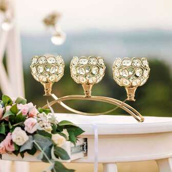 3 臂金属水晶茶灯烛台，优雅的婚礼餐桌中心装饰烛台，圣诞许愿水晶碗烛台适用于婚礼派对客厅装饰