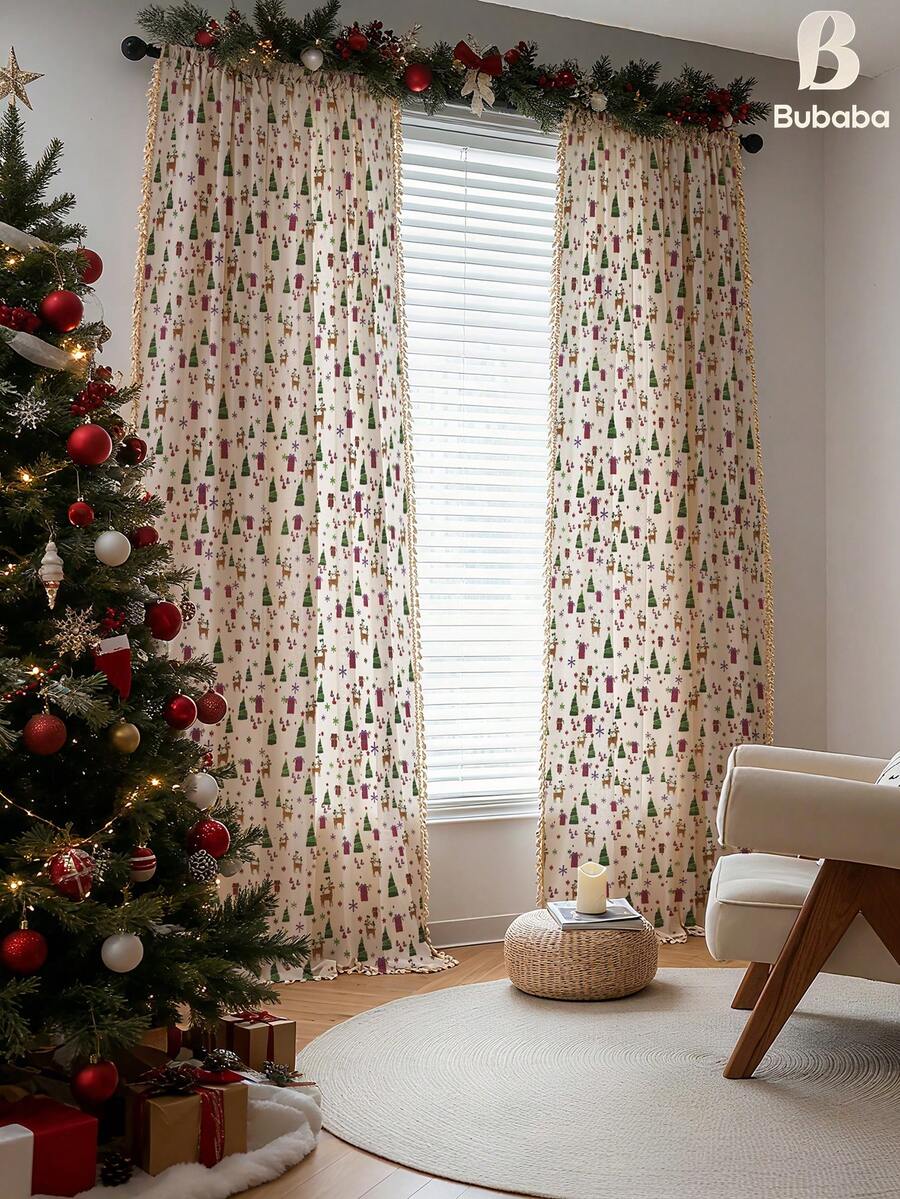 1pc Christmas Tree & Reindeer Gift Pattern Curtain, Christmas Style Fabric With White Tassel Details, Blackout Decorative Curtain For Bedroom, Kitchen, Living Room, Hotel, Restaurant, Christmas Holiday Decor