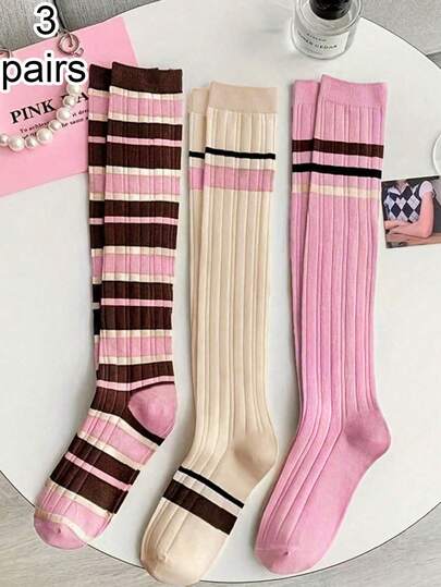 1/3 Pairs Women Pink & White Striped Thigh High Socks, Fashionable Sweet Slim Fit School Style Socks For Daily Wear, Y2k, Cozy