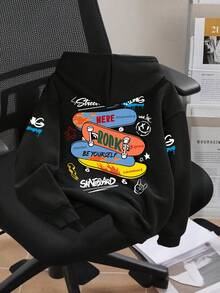 Young Boy Cartoon Skateboard Pattern Warm Hoodie