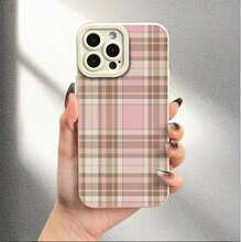 粉棕格纹图案纹理背景设计时尚轻薄手机壳，兼容 17/17 Pro Max/X/XS/11/12/13/14/15/16 Pro - 防护性强，防震，时尚耐用 - 超薄TPU手机壳，男女皆宜 - 白色 - 查看 3