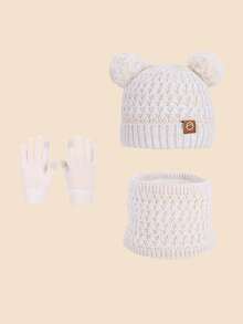 3 件套儿童帽子、手套和围巾套装，保暖内衬护耳针织帽，适合男孩和女孩的冬季保暖服装 - 雙球三件套 - 查看 4