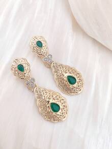 1 par de pendientes de estilo vintage de Oriente Medio con colgante de gota de agua hueco, metal incrustado con rhinestones, adecuado para uso diario, bodas, fiestas, festivales, regalo