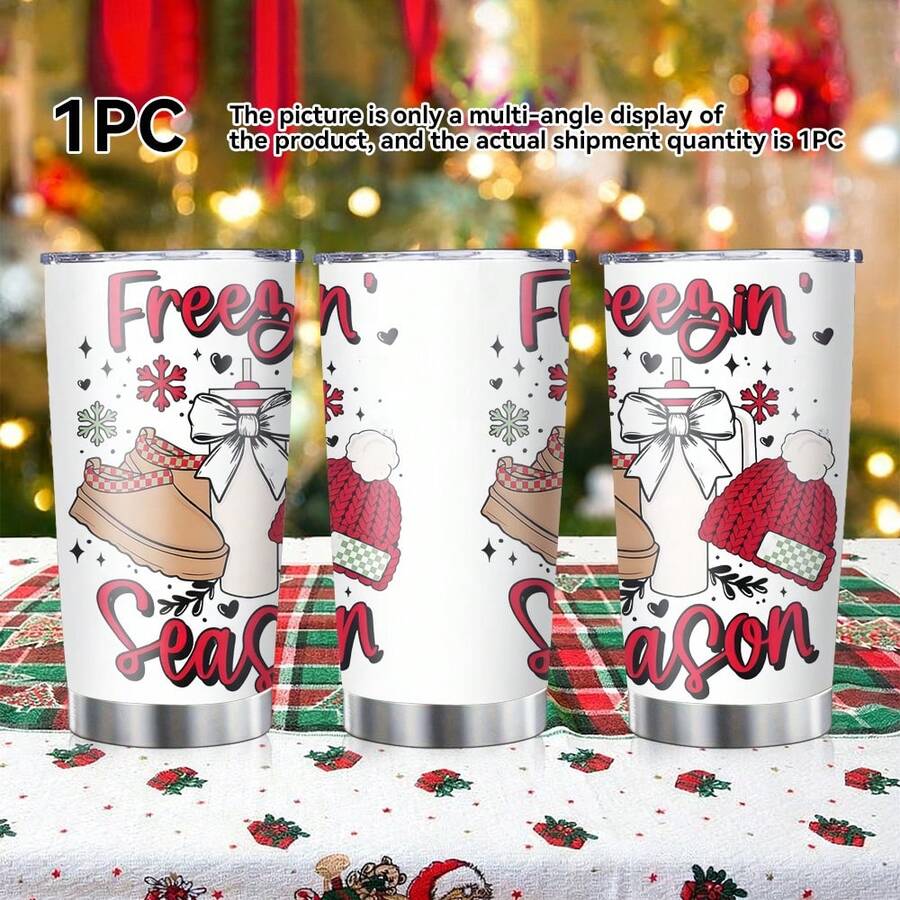 1pc 20oz Stainless Steel Water Bottle, "Frozen Season" Winter Theme, With Snowflakes, Boots And Knitted Hat Patterns, Decorated With Snowflakes, Suitable For Travel, Convenient For Drinking Water, And A Good Choice For Holiday Gifts. - 彩色 - 查看 1