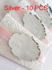 10 件定制婴儿名字个性化激光雕刻欢迎宝宝巧克力牌匾装饰银色/金色镜面婴儿名字亚克力牌匾婴儿送礼会洗礼装饰品（不包括巧克力和丝带）