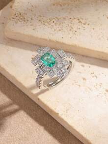 1 Stück verstellbarer Kupferring mit weißer Goldplattierung und Zirkonia-Diamanten, luxuriöser tropfenförmiger offener Ring, Kronenring, geometrischer Ring, Paraiba-Turmalin-Ring, Geschenk zu Feiertagen/Geburtstag