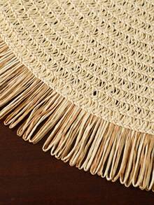1pc/4pcs/6pcs/8pcs Khaki/Beige Round Woven Rattan Double Color Tassel Placemats, Heat Resistant Non-Slip Kitchen Table Mats, Insulation Pads, Table Decor For Party Dinner - Beige - View 5