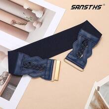 Vintage Stretchy Wide Elastic Belt With Gold Buckle For Women - Navy Blue - View 11