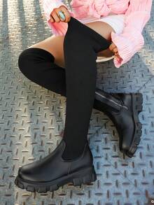 Botas de suela gruesa para mujer 2025 Otoño Invierno Botas altas para mujer de punto transpirables Botas elásticas de punta redonda Talla grande 43