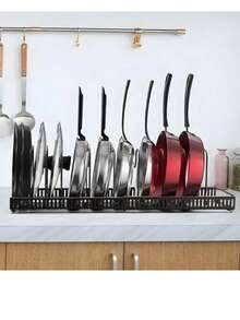 Escurridor de platos de cocina, organizador retráctil para platos, sartenes y ollas, estante organizador de tapa para gabinete, soporte multifuncional de metal con 7 compartimentos ajustables - Negro - Ver 7