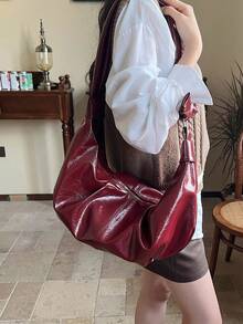Burgundy Vintage Oiled Wax Leather Shiny PU Leather Pleated Shoulder Bag, Casual Versatile Women's Crossbody Bag, Large Capacity, Suitable For Daily, Commuting, Dating, Shopping, Crescent-Shaped