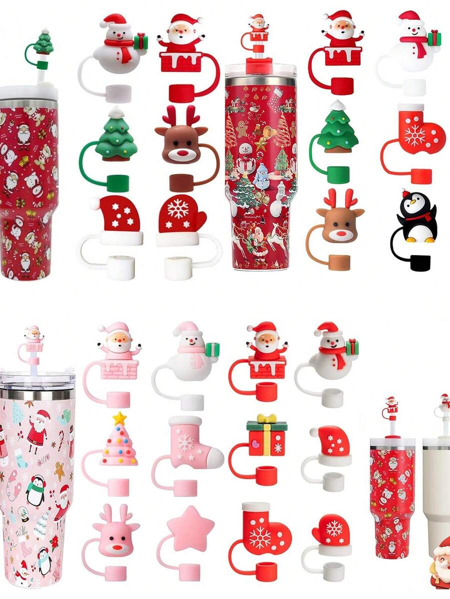 6pcs/Set Christmas Silicone Straw Cap,Four Styles To Choose From And Reusable Cartoon Santa Claus, Snowman, Reindeer, Penguin And Christmas Tree Design, Suitable For Cup Straws With Diameters Of 9mm-10mm - Straw Accessories