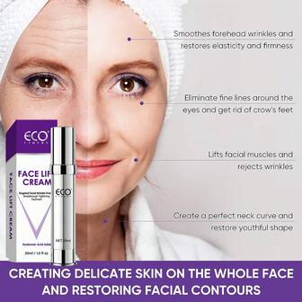 ECO FINEST FINEST 即时面部提升霜，面部紧致即时面部提升霜，注入透明质酸、黄芩提取物、维生素 E 和胶原蛋白，保湿、滋养和修复肌肤，2 分钟抗衰老精华，适用于面部、颈部和眼部，明显紧致和收紧松弛肌肤，减少皱纹、细纹和浮肿，采用天然植物提取物，暂时紧致和提升霜 - 男女日常保湿霜，30 毫升