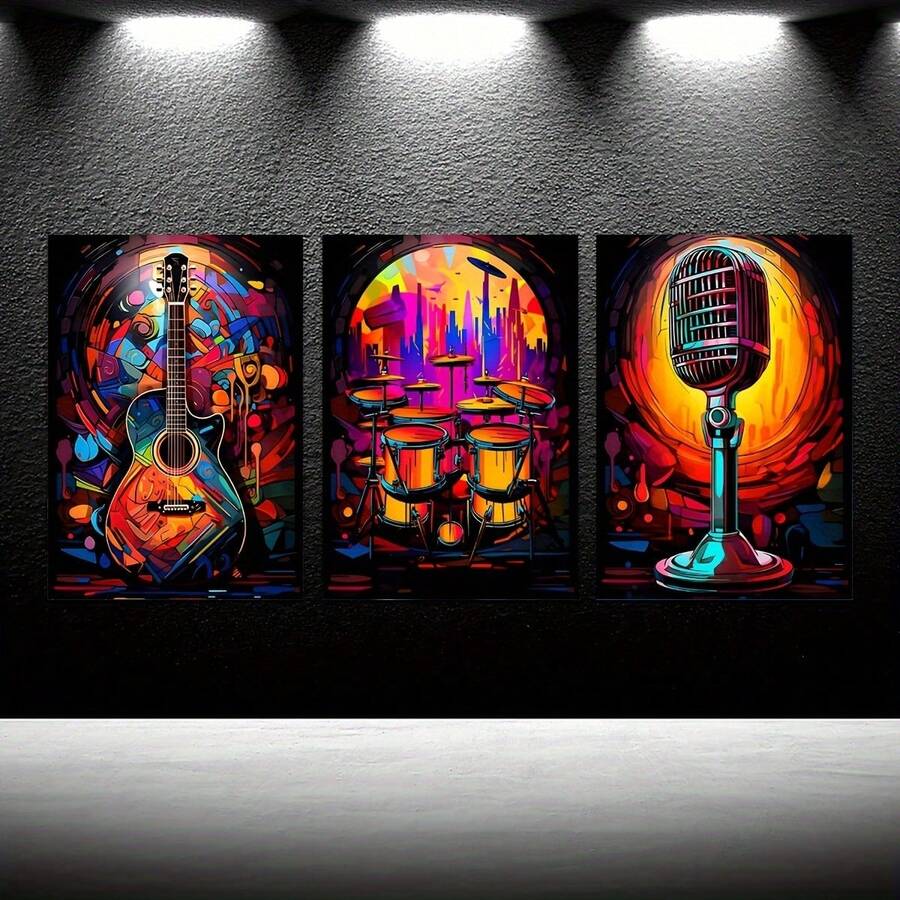 3 piezas de arte en lienzo de música neón vibrante para una decoración de sala de estar elegante - sin marco, regalo perfecto - Multicolor - Ver 1