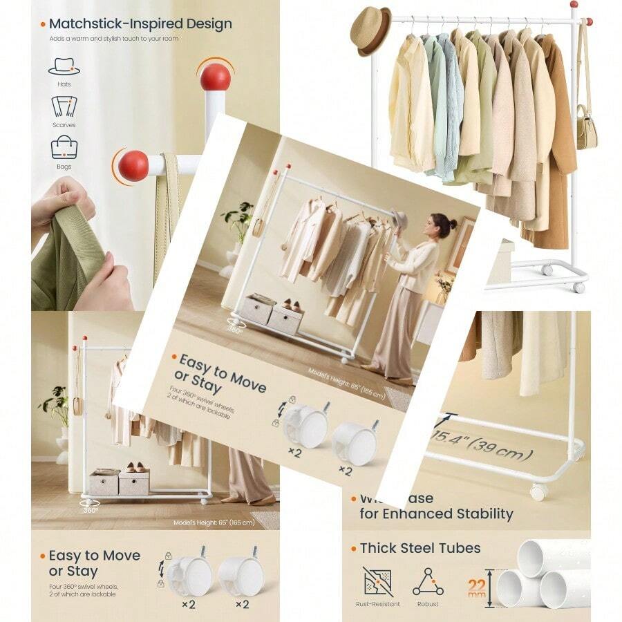 Clothes Rack Clothes Rail On Wheels Portable Garment Rack With 1 Clothes Hanging Rail MatchstickShaped Hooks Matte  UHSR170W01