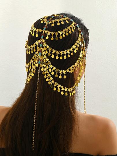 1 件多层流苏头饰，镂空硬币和文字图案复古奢华舞蹈面纱装饰