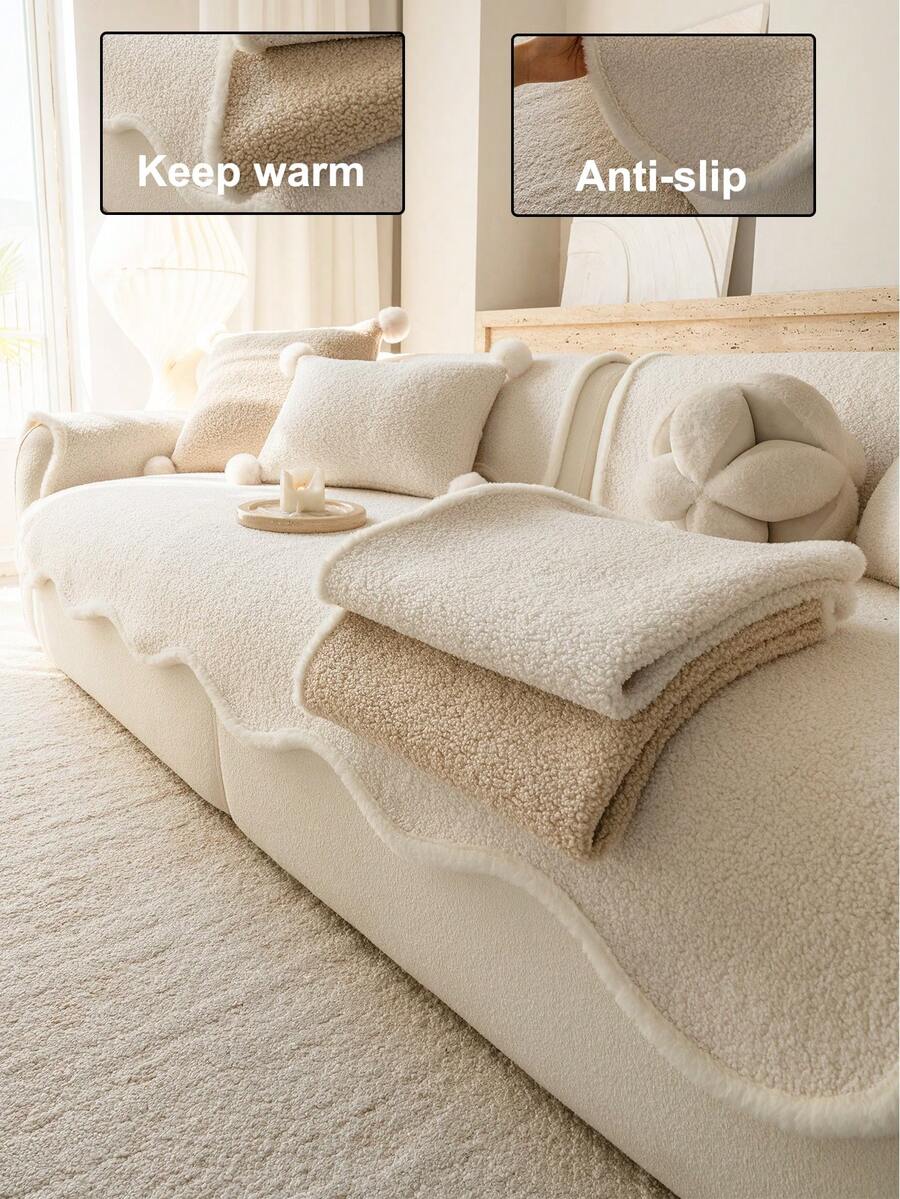 1pc Thickened Plush Sofa Cover, Jacquard Autumn/Winter Sofa Cushion, Warm & Soft, Pet-Friendly, Dirt & Scratch Resistant, Suitable For All Seasons, For Living Room, Bedroom, Outdoor, Fits 1/2/3/4 Seater Sofa - Beige - View 1