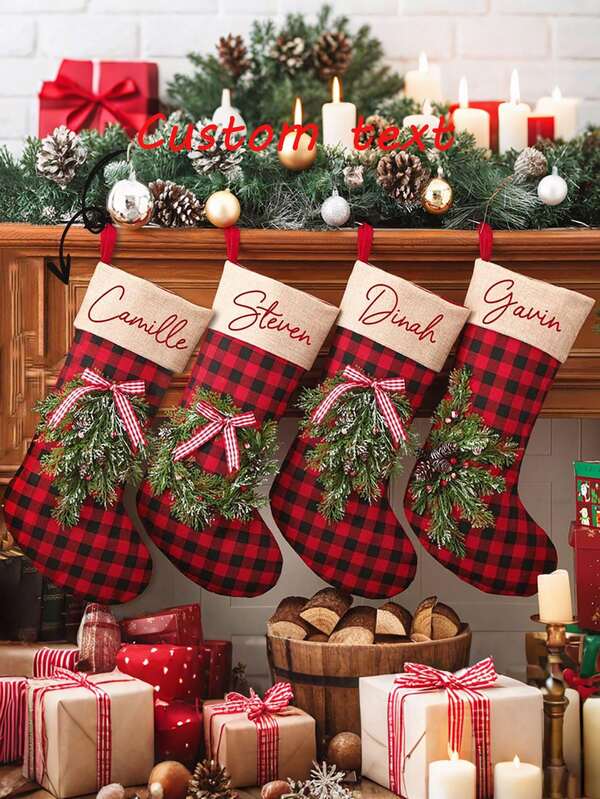 1 Stück Weihnachtsdekoration Accessoire, Wärmeübertragungsbedruckter Weihnachtsstrumpf Geschenktasche, Weihnachtsgeschenk Dekorations Socken, Karomuster Socken, Süßigkeiten Socken, Schleifen Deko, Weihnachtsbaum Dekoration, für Familie, Freunde, Eltern, Partner, Klassenkameraden, Party