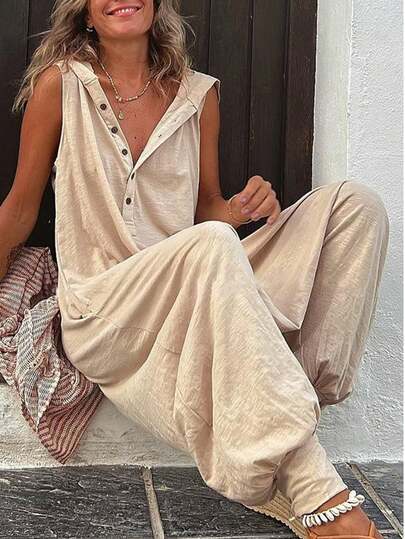 Women's Fashionable Sleeveless Jumpsuit, Solid Color Casual Harem Pants, Button Decor Hooded Vest Jumpsuit With Pockets, Loose Fit Jumpsuit Summer Elegant